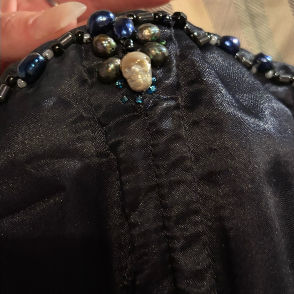 Navy Blue Satin Corset Steal Boning with real freshwater pearl & glass bead trim